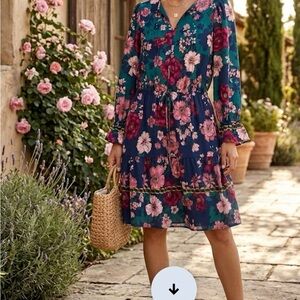 Floral V-Neck Long Sleeve Tiered Dress - Navy with Pink & Green Floral